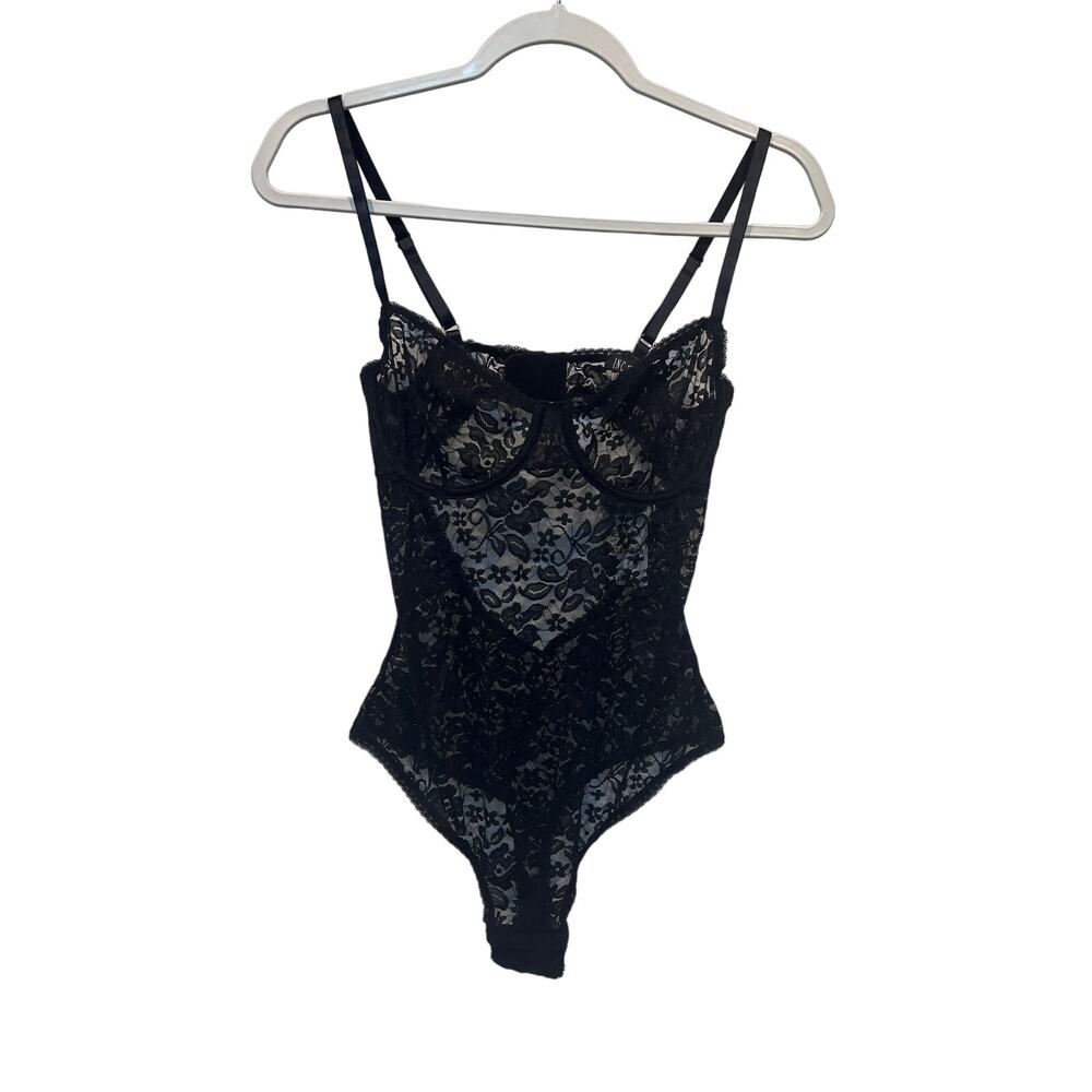 I.N.C. INTERNATIONAL CONCEPTS SHEER FLORAL LACE CUP BODYSUIT DEEP BLACK MEDIUM